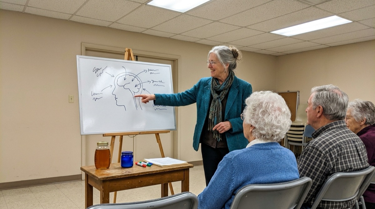 Wellness educator explaining how memory works on a whiteboard to a group of older adults