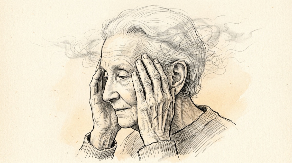 Pencil sketch of an older woman holding her head, feeling mentally foggy