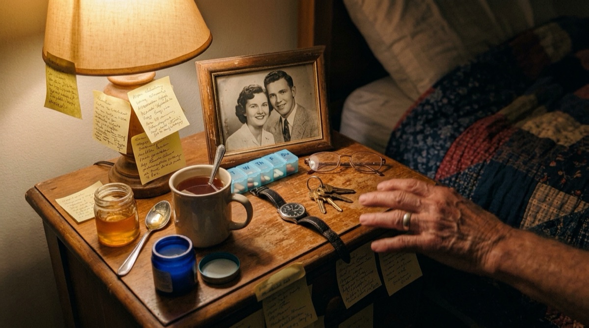 Bedside table with reminder notes, a cup of warm tea, a jar of honey and a menthol balm