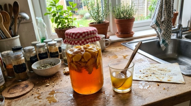 Homemade honey infusion in a large jar on a kitchen counter