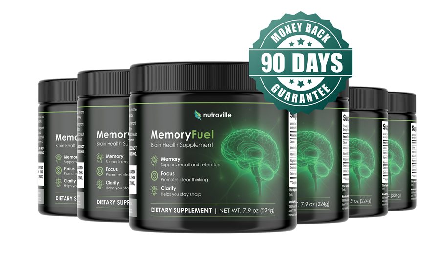 Six jars of MemoryFuel brain health supplement with a 90-day money back guarantee seal